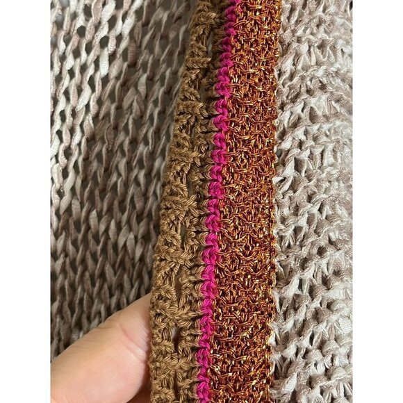 Chicos Knit Sweater XL Tan Open Weave Striped Metallic Boho Western Neutral Chic - Picture 7 of 11